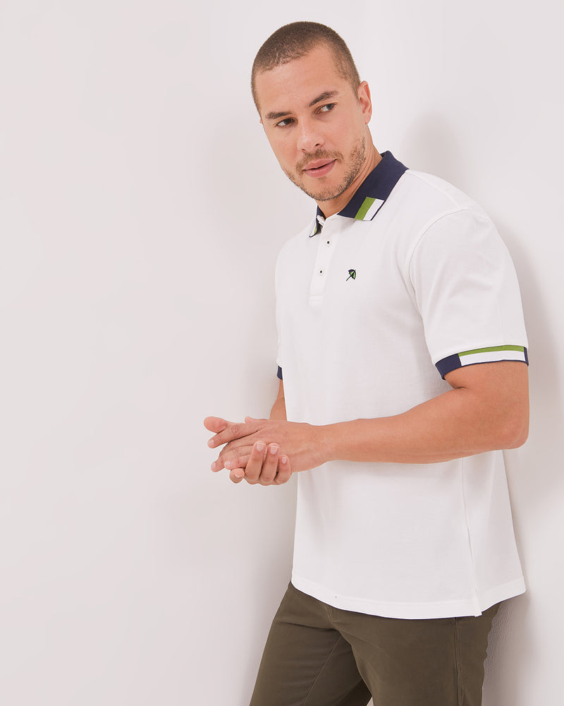 Men's White Contrast Collar Short Sleeve Polo Shirt
