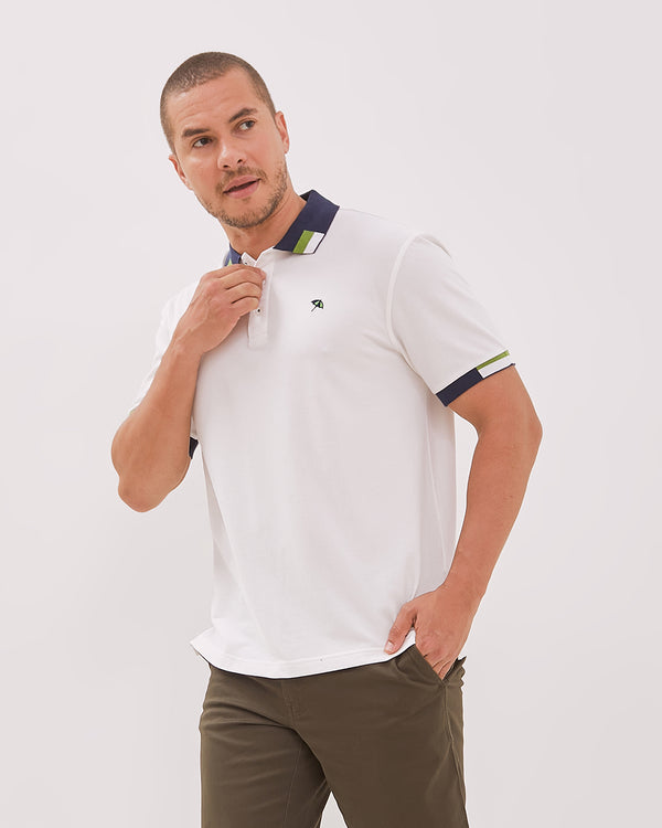 Men's White Contrast Collar Short Sleeve Polo Shirt