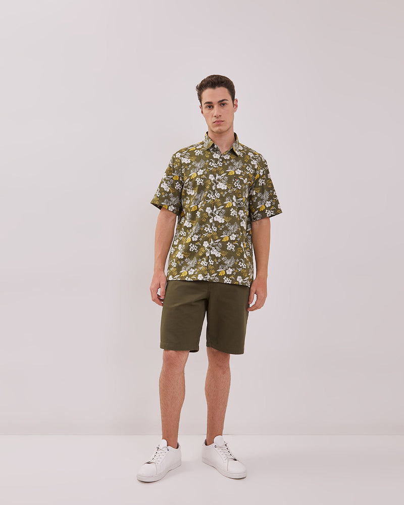 Men's Floral Printed Green Short Sleeve Shirt