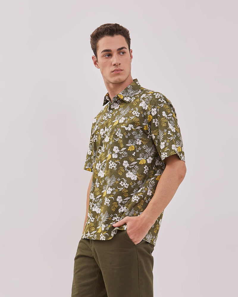 Men's Floral Printed Green Short Sleeve Shirt