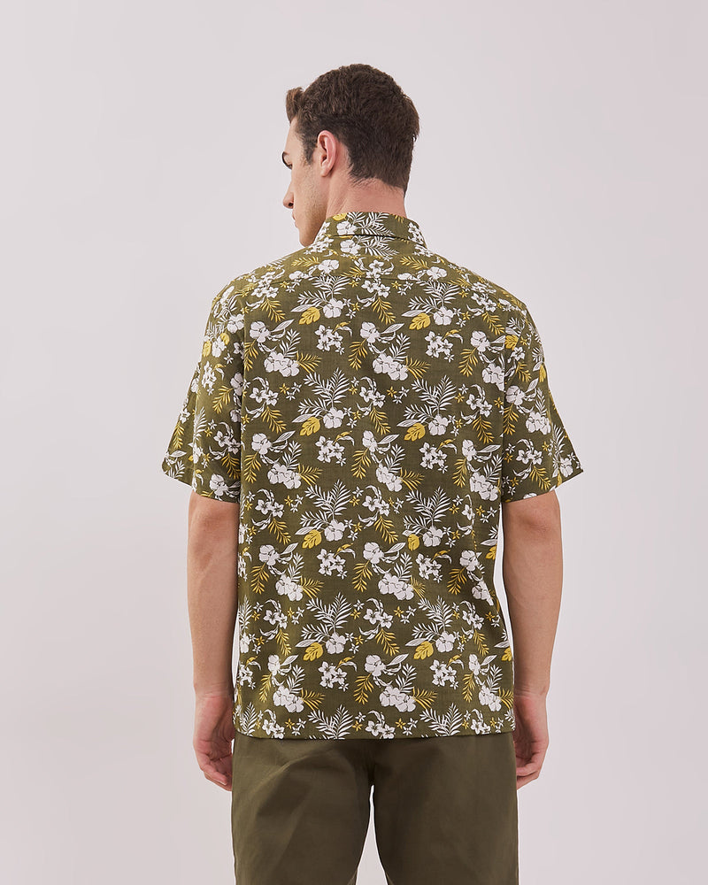 Men's Floral Printed Green Short Sleeve Shirt