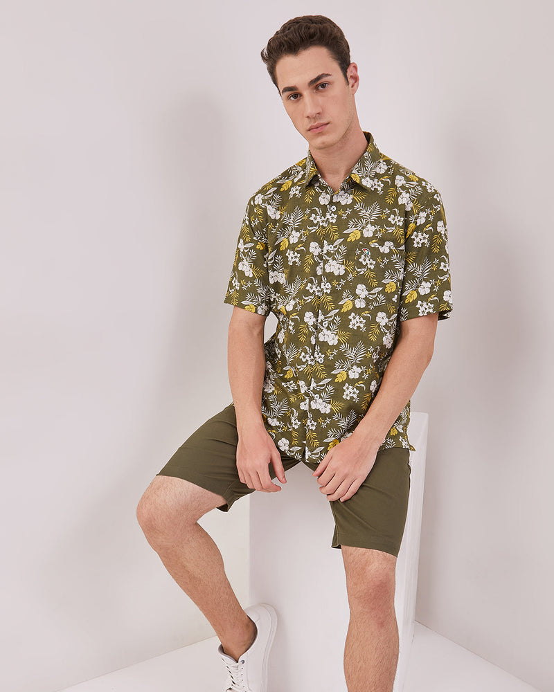 Men's Floral Printed Green Short Sleeve Shirt