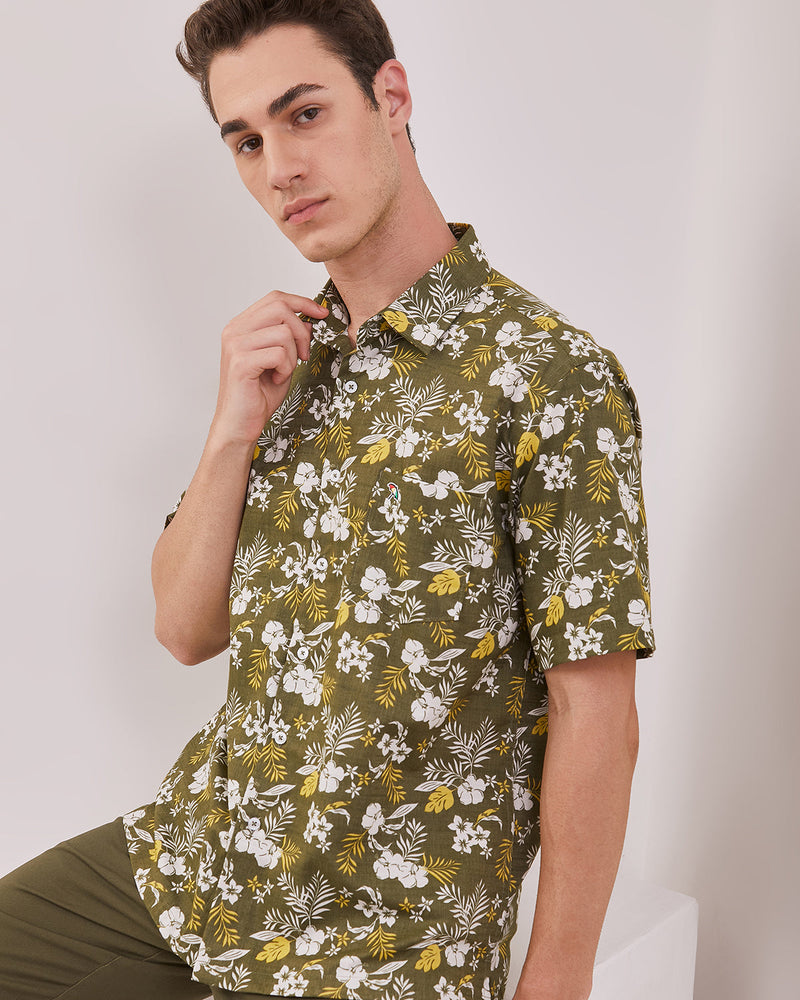 Men's Floral Printed Green Short Sleeve Shirt