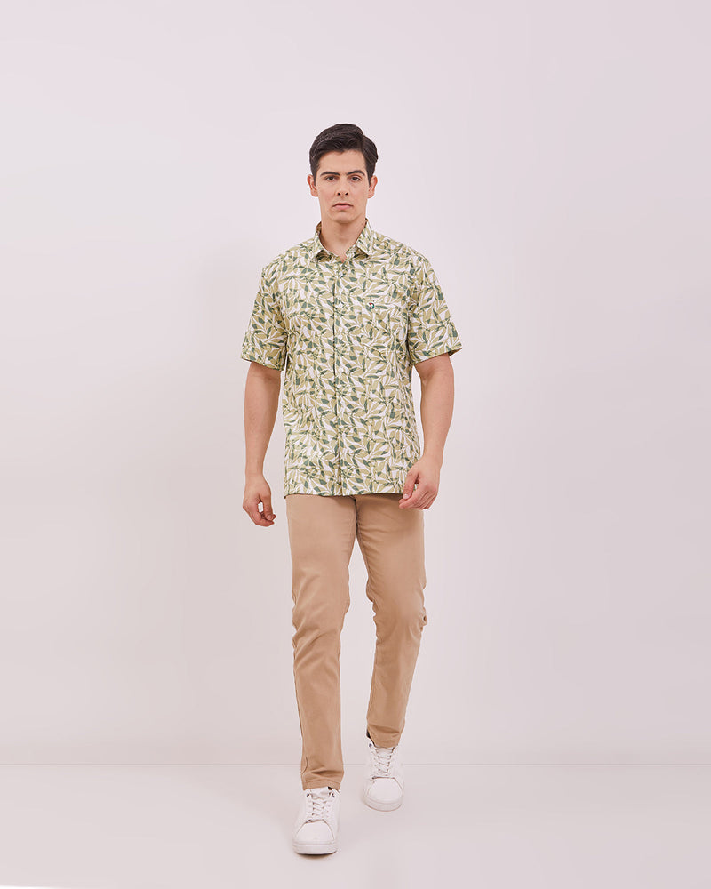 Men's Green Printed Short Sleeved Shirt