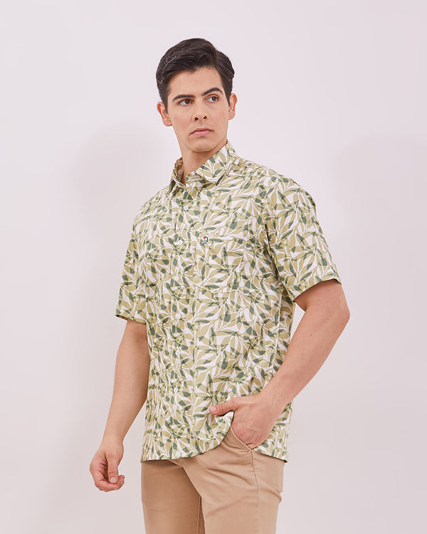 Men's Green Printed Short Sleeved Shirt