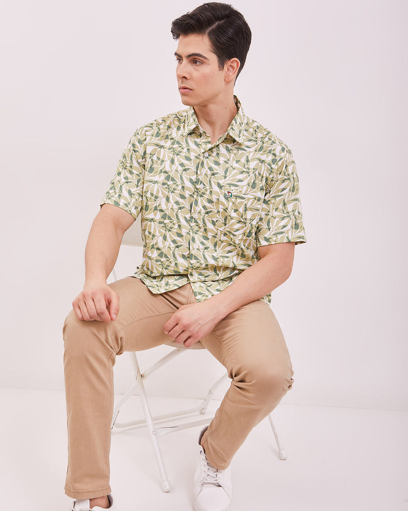 Men's Green Printed Short Sleeved Shirt