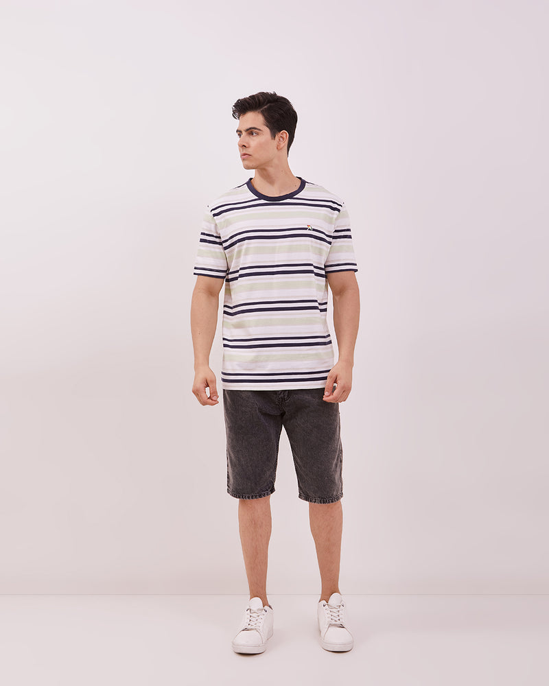 Men's Green Striped Short Sleeved T-Shirts