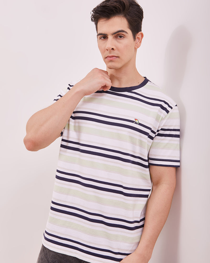 Men's Green Striped Short Sleeved T-Shirts