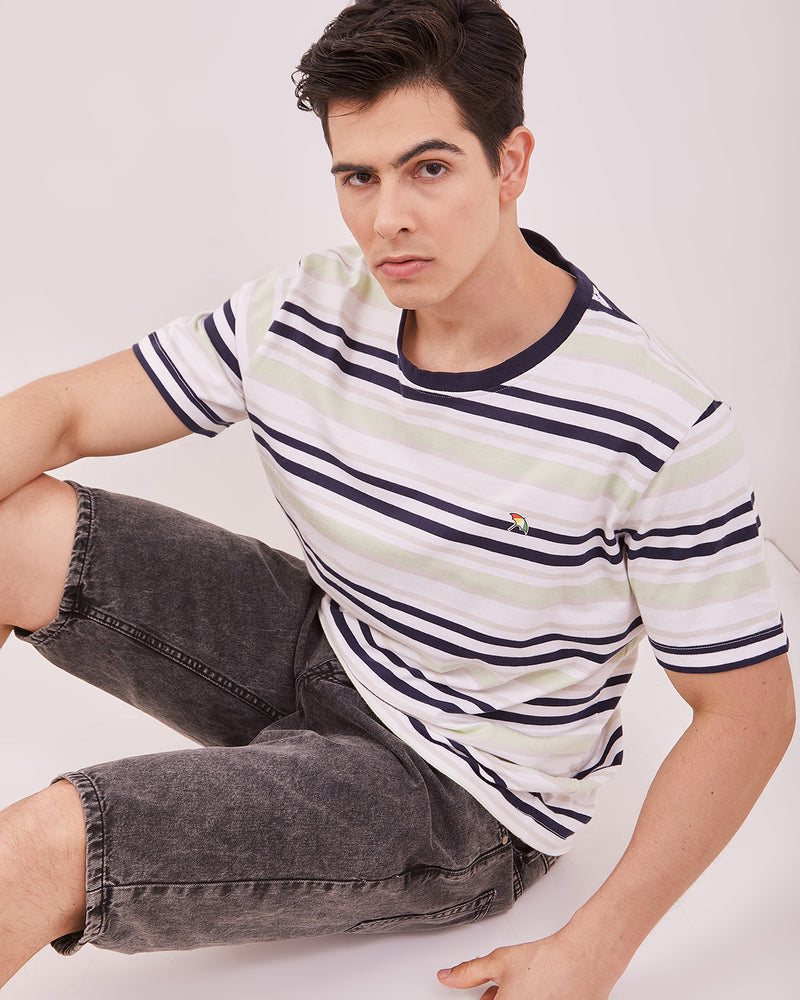 Men's Green Striped Short Sleeved T-Shirts