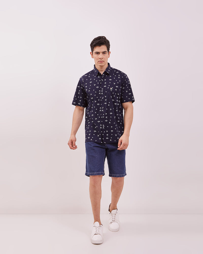 Men's Navy Printed Short Sleeved Shirt