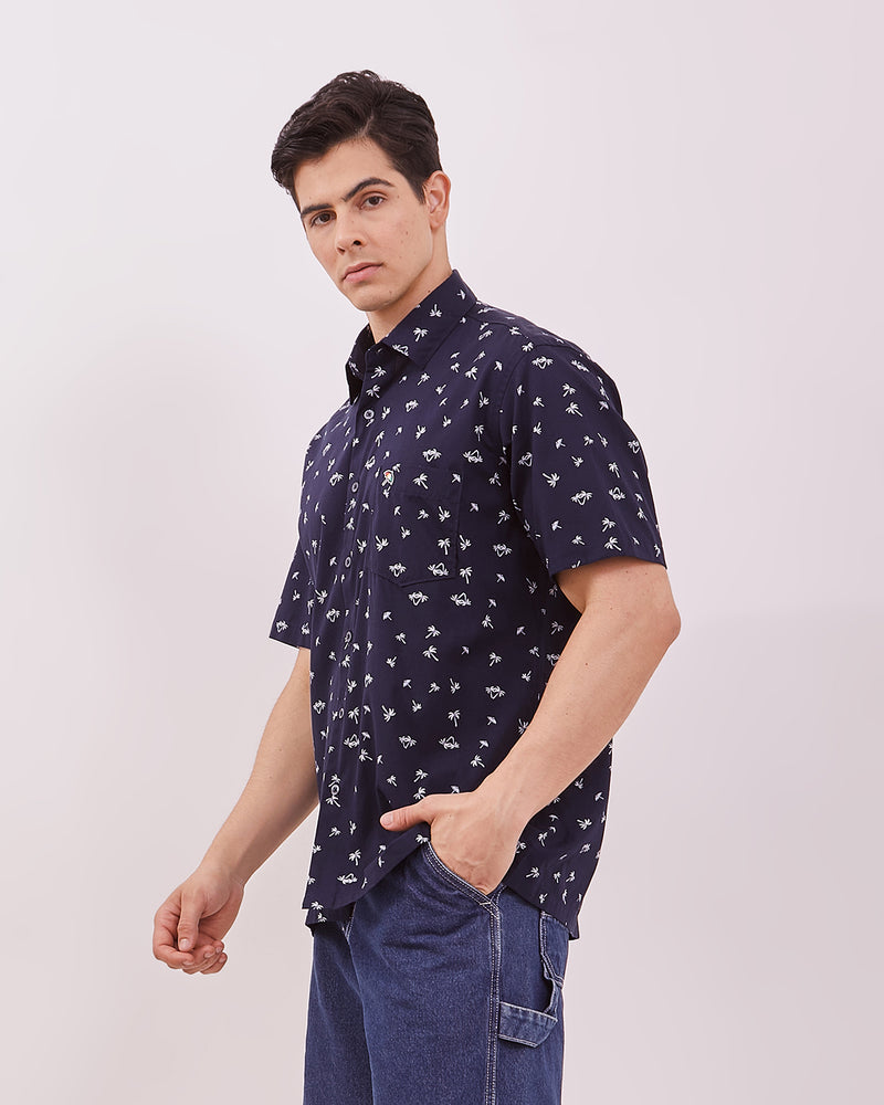 Men's Navy Printed Short Sleeved Shirt