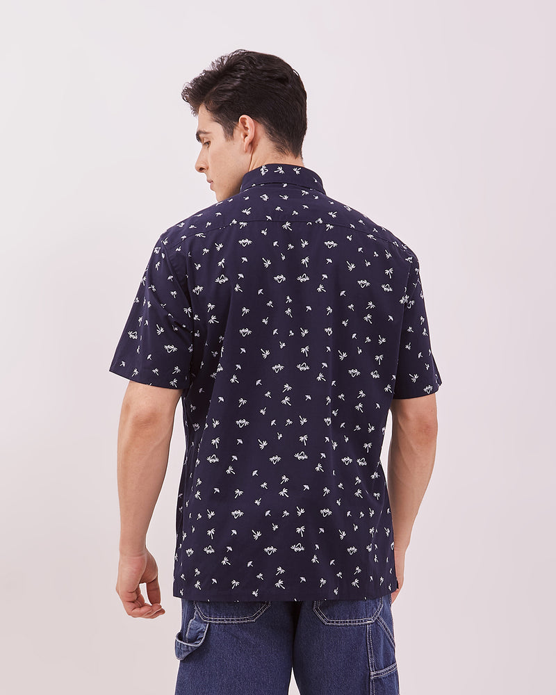Men's Navy Printed Short Sleeved Shirt