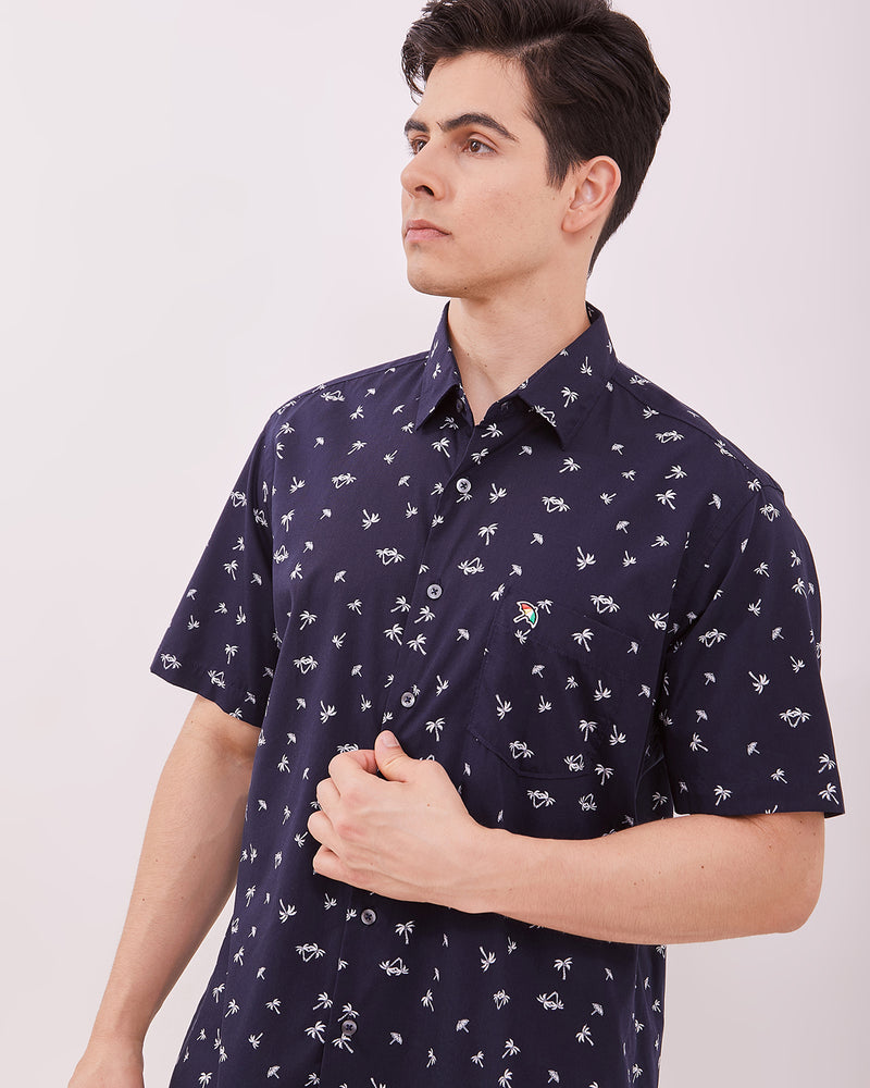 Men's Navy Printed Short Sleeved Shirt