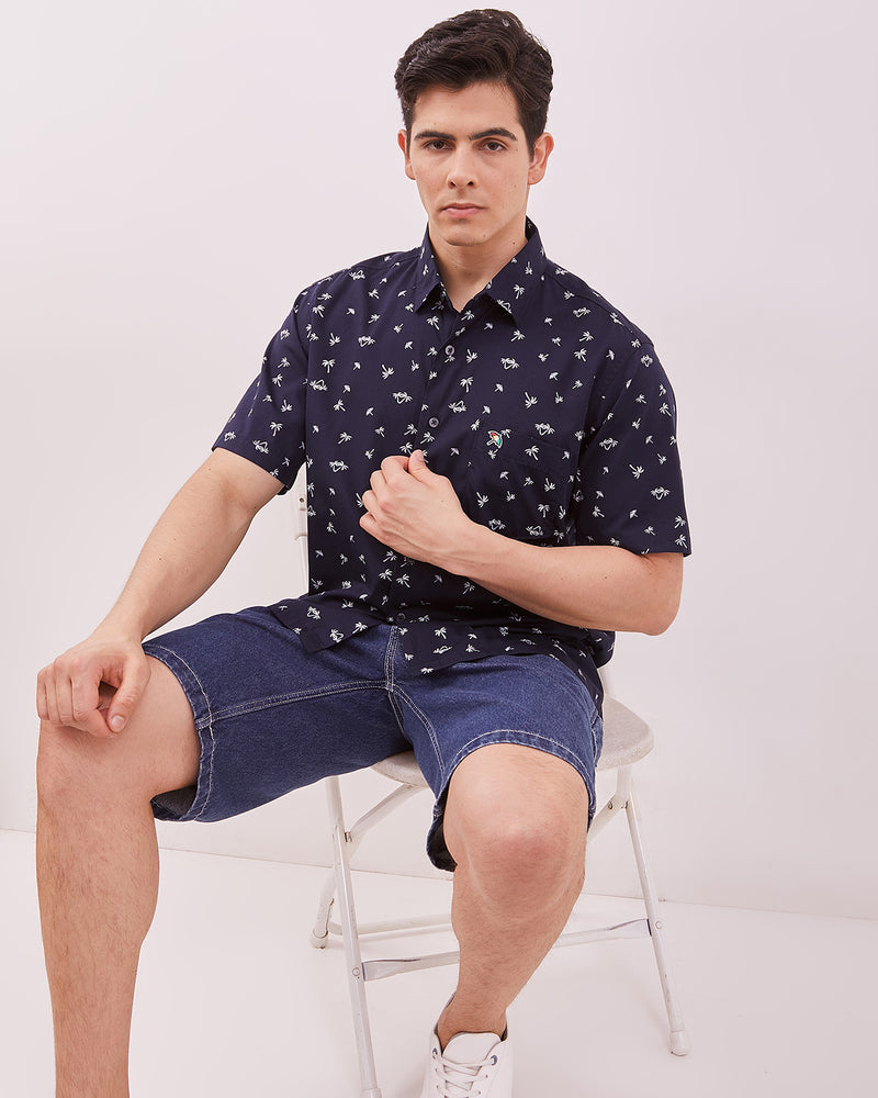 Men's Navy Printed Short Sleeved Shirt