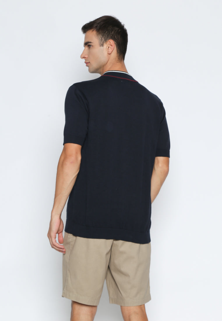 Navy Color Blocking With Zipper Knit Polo Shirt