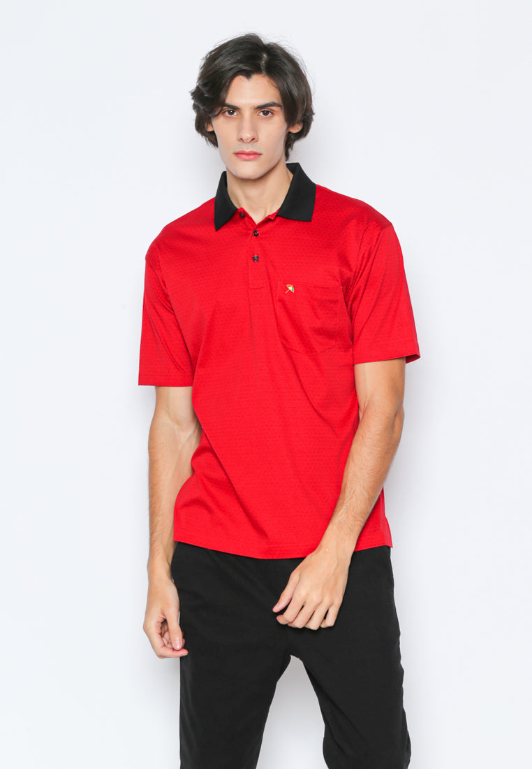 Polo Shirt Gold With Geometric Red Printing